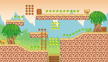 Oyun yaratmak için Tileset Platformu - Bir dizi katmanlı vektör oyun varlığı, arka plan, zemin fayansları ve çeşitli nesneler, nesneler, dekorasyonlar içerir, mobil oyunlar oluşturmak için kullanılır