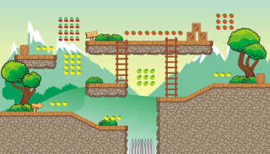 Oyun yaratmak için Tileset Platformu - Bir dizi katmanlı vektör oyun varlığı, arka plan, zemin fayansları ve çeşitli nesneler, nesneler, dekorasyonlar içerir, mobil oyunlar oluşturmak için kullanılır