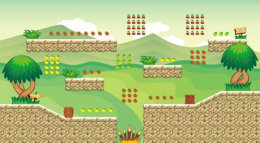 Oyun yaratmak için Tileset Platformu - Bir dizi katmanlı vektör oyun varlığı, arka plan, zemin fayansları ve çeşitli nesneler, nesneler, dekorasyonlar içerir, mobil oyunlar oluşturmak için kullanılır
