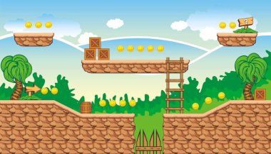 Oyun yaratmak için Tileset Platformu - Bir dizi katmanlı vektör oyun varlığı, arka plan, zemin fayansları ve çeşitli nesneler, nesneler, dekorasyonlar içerir, mobil oyunlar oluşturmak için kullanılır