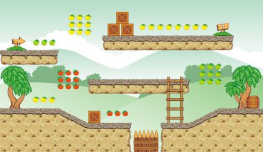 Oyun yaratmak için Tileset Platformu - Bir dizi katmanlı vektör oyun varlığı, arka plan, zemin fayansları ve çeşitli nesneler, nesneler, dekorasyonlar içerir, mobil oyunlar oluşturmak için kullanılır