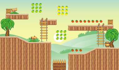 Oyun yaratmak için Tileset Platformu - Bir dizi katmanlı vektör oyun varlığı, arka plan, zemin fayansları ve çeşitli nesneler, nesneler, dekorasyonlar içerir, mobil oyunlar oluşturmak için kullanılır