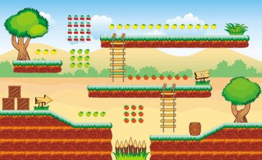 Oyun yaratmak için Tileset Platformu - Bir dizi katmanlı vektör oyun varlığı, arka plan, zemin fayansları ve çeşitli nesneler, nesneler, dekorasyonlar içerir, mobil oyunlar oluşturmak için kullanılır