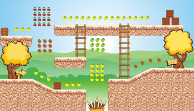 Oyun yaratmak için Tileset Platformu - Bir dizi katmanlı vektör oyun varlığı, arka plan, zemin fayansları ve çeşitli nesneler, nesneler, dekorasyonlar içerir, mobil oyunlar oluşturmak için kullanılır
