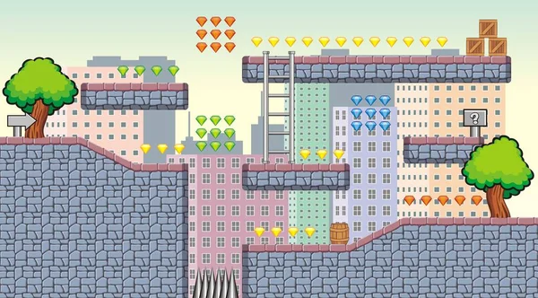 制作游戏的Tileset平台 一套分层向量游戏资产 包含背景 地砖和一些用于制作城镇手机游戏的物品 免版税图库矢量图片