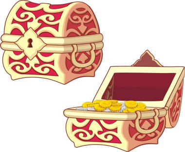 Tahta Hazine Sandığı 'nın vektör çizimi, madeni paralarla kapanıp açıldı