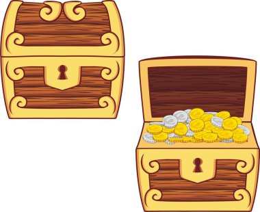 Tahta Hazine Sandığı 'nın vektör çizimi, madeni paralarla kapanıp açıldı