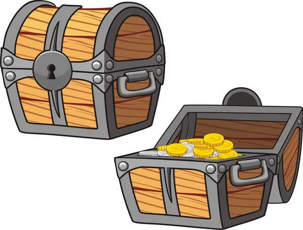 Tahta Hazine Sandığı 'nın vektör çizimi, madeni paralarla kapanıp açıldı