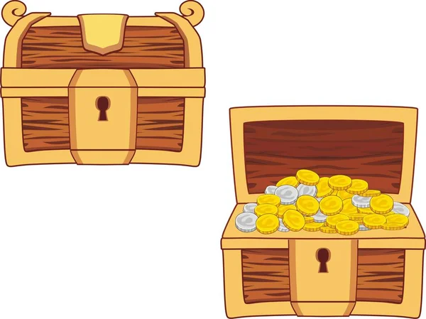 Vector Illustration Wooden Treasure Chest Closed Opened Coins — Stock Vector