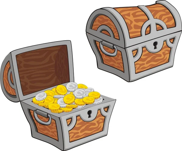 Vector Illustration Wooden Treasure Chest Closed Opened Coins — Stock Vector