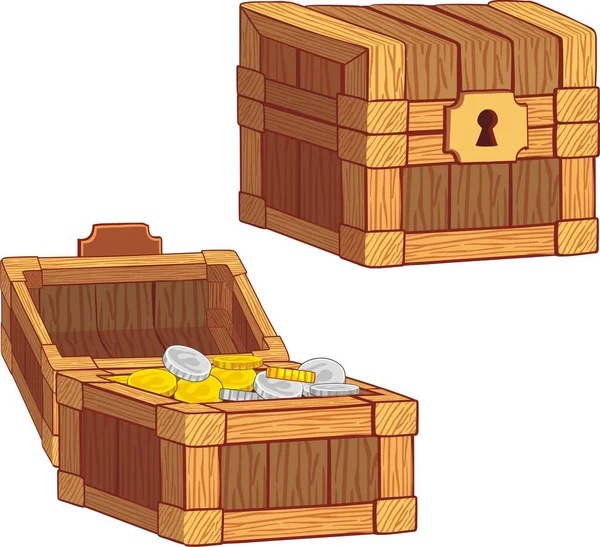 Vector Illustration Wooden Treasure Chest Closed Opened Coins — Stock Vector