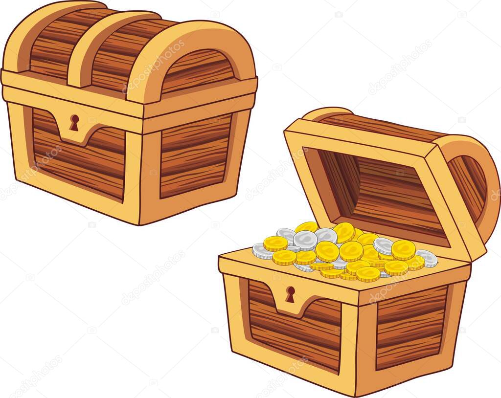 vector illustration of Wooden treasure Chest, closed and opened with coins