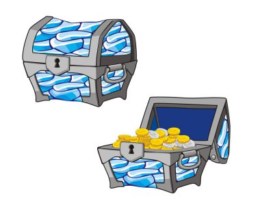 Çizgi film tarzında çizilmiş hazine sandığının vektör çizimi, beyaz arkaplanda izole edilmiş madeni paralarla açılıp kapatıldı