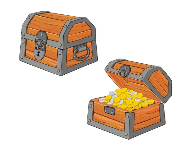 Vector Illustration Treasure Chest Set Cartoon Style Closed Opened Coins — Stock Vector