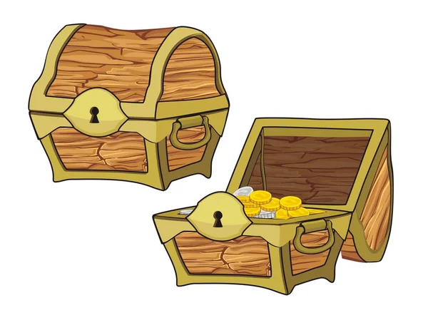 Vector Illustration Treasure Chest Set Cartoon Style Closed Opened Coins — Stock Vector