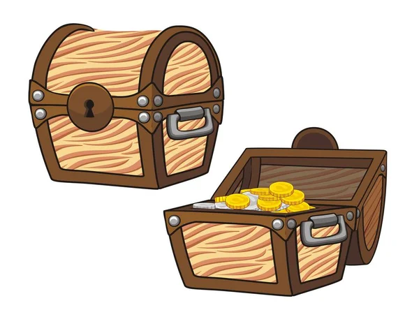 Vector Illustration Treasure Chest Set Cartoon Style Closed Opened Coins — Stock Vector