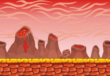 Çizgi film tarzında kusursuz volkan manzarasının vektör çizimi, parallax etkisi için ayrılmış katmanlı vektör oyun arkaplanı