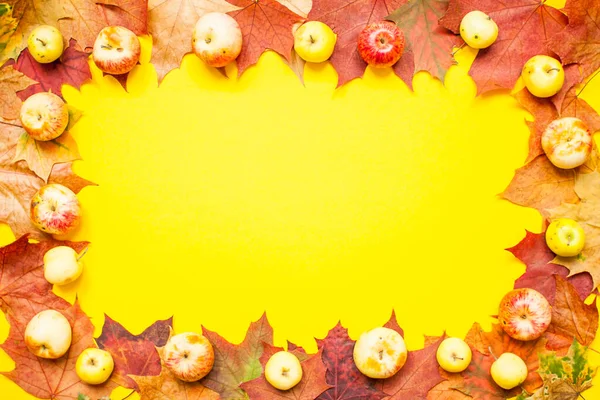 Marco hecho de hojas de arce de otoño rojo y naranja y manzanas de jardín sobre un fondo amarillo brillante. Disposición. — Foto de Stock