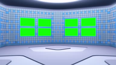 Yeşil ekran alanı ile sanal yayın studio. Kamera hareketi dahil edilir. UHD - 4k - 3d render