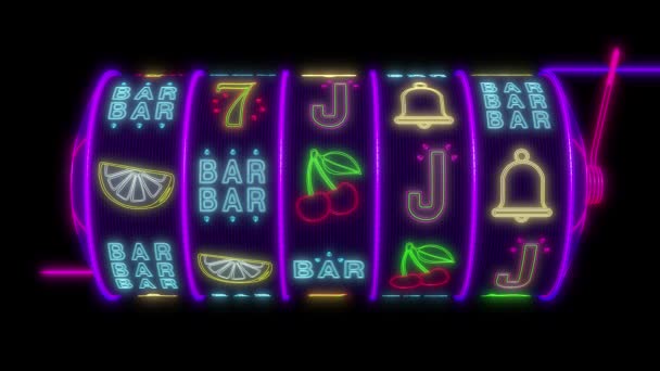 Neon Slot Machine Hitting 77777 Jackpot Uhd Rendering — Stock Video