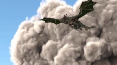 Ejderha bulutlu gökyüzünde uçuyor ve ateş püskürtuyor. Uhd - 4k - 3d Rendering
