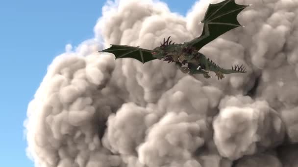 Der Drache Fliegt Den Bewölkten Himmel Und Atmet Feuer Uhd — Stockvideo