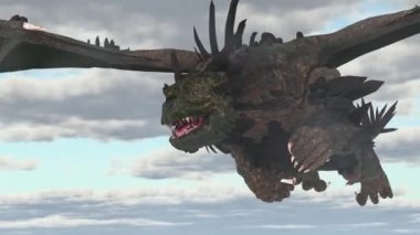 Ejderha şehrin üzerinde bulutlu gökyüzünde uçuyor ve ateş püsküryor. Uhd - 4k - 3d Rendering