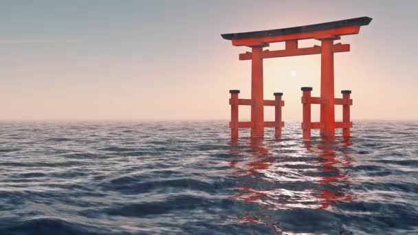 Puerta Japonesa Tradicional Flotando Mar Atardecer Animación Bucle Uhd Renderizado — Vídeos de Stock