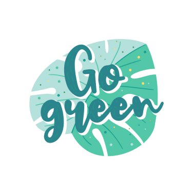 Çağdaş çevre ve doğa koruma kampanyası için yeşil yazıtlı dev tropikal bitki yaprağının düz çizgi film çizimi