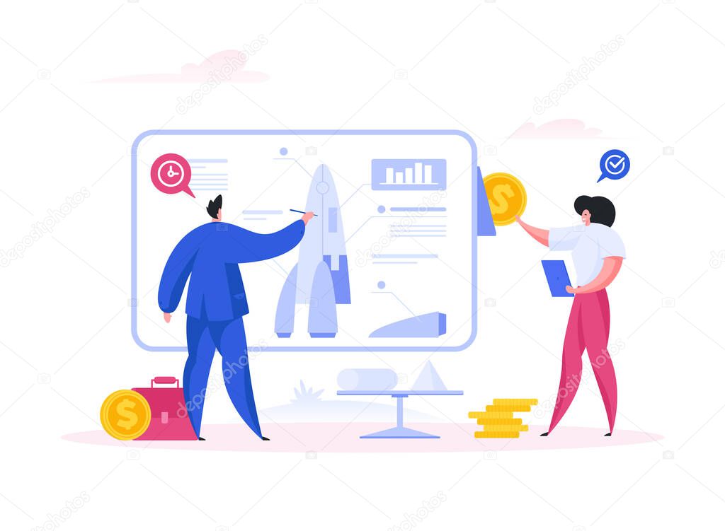 Male engineer in suit drawing draft of contemporary rocket in time while woman in casual clothes and with clipboard investing money in space project. Startup project planning concept