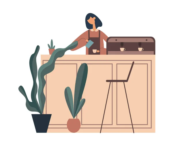 Žena pracující v kavárně. Plochá vektorová ilustrace — Stockový vektor