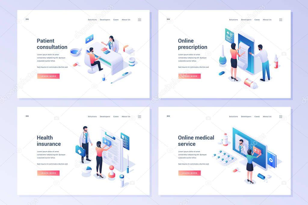 Isometric banners for health care and medical online services