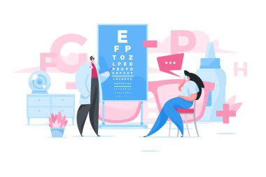 Klinikteki göz doktorunu ziyaret eden bir kadın. Düz vektör illüstrasyonu
