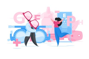 Göz doktorundan yeni gözlük alan bir kadın. Düz vektör illüstrasyonu