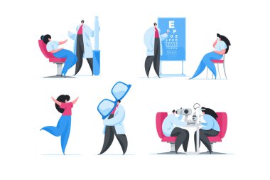 Modern oftalmoloji kliniğini ziyaret edin. Düz vektör çizimleri kümesi