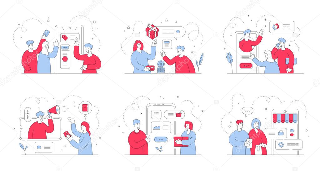 People searching for attractive offers in online shops. Set of flat line vector illustrations