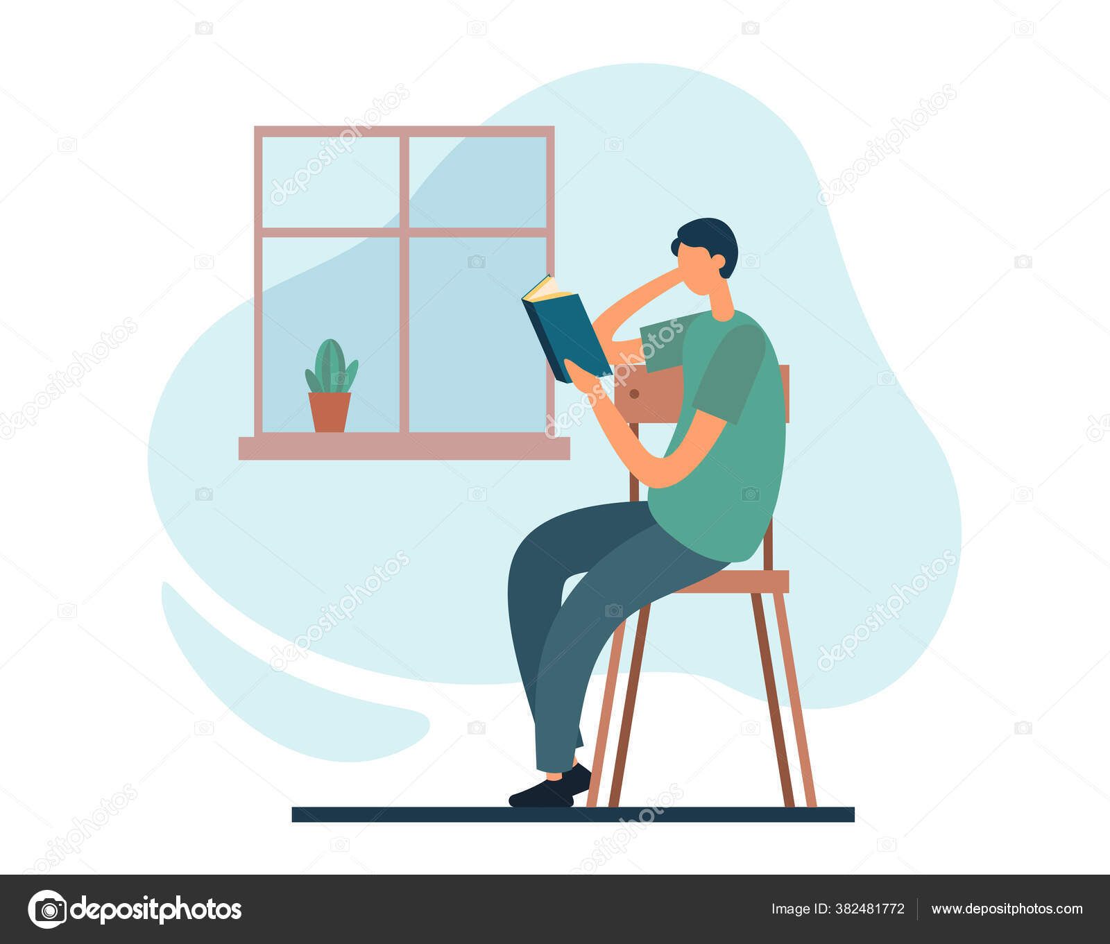 창문 가까이 서 책읽는 사람. 플랫 벡터 만화 일러스트 스톡 벡터 - ©vectorstudi 382481772, image size:1600x1361