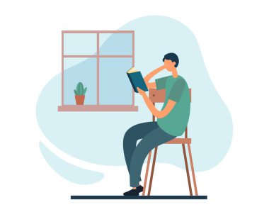 Pencerenin yanında kitap okuyan bir adam. Düz vektör karikatür çizimi