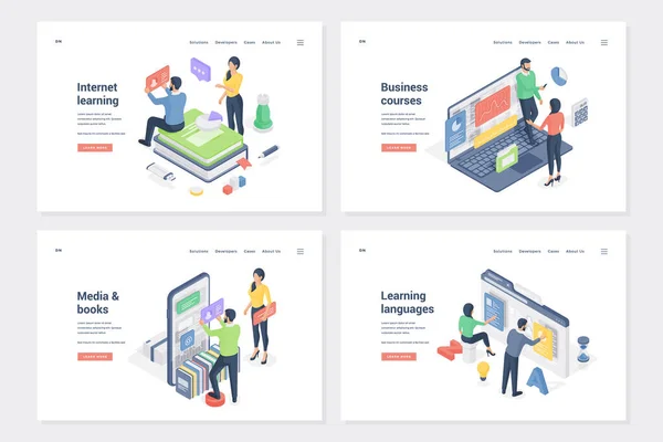 ( 영어 ) Internet learning, online education type isometric landing page template set — 스톡 벡터