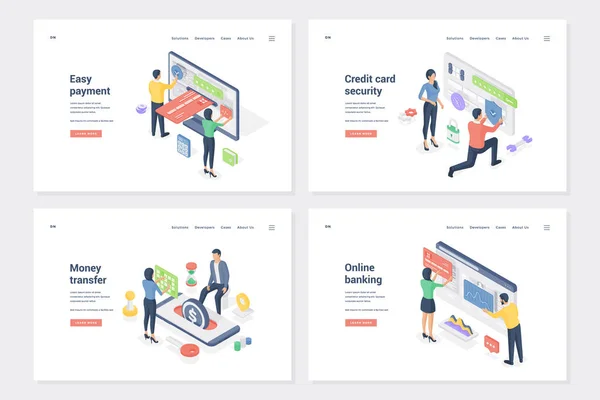 Conjunto de plantillas de landing page isométricas de transacciones en efectivo sin contacto — Archivo Imágenes Vectoriales