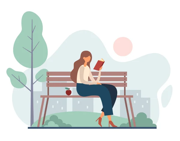 Женщина читает книгу в парке. Плоский векторный рисунок — стоковый вектор