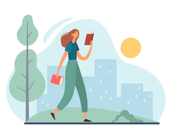 Mujer caminando por el parque y leyendo. ilustración de dibujos animados vector plano — Archivo Imágenes Vectoriales