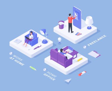 Çağdaş aygıtlar kullanarak erkek ve kadın karakterlerin Isometric tasarımı ve evde mavi arka plan üzerinde çalışırken serbest iş yapmak