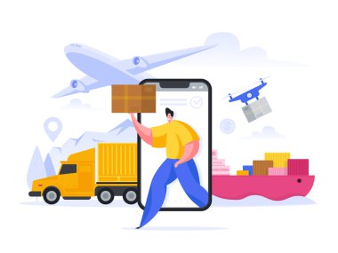 Teslimatçı çocukla mobil uygulamanın düz stili