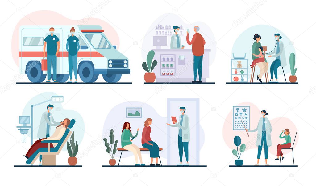Vector illustrations of medical practitioners doing job