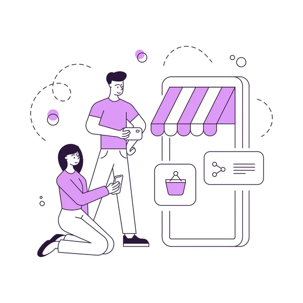 Couple faisant des achats dans l'application boutique en ligne — Image vectorielle