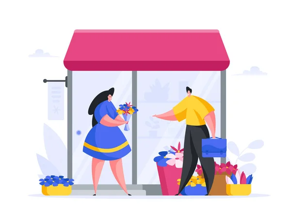 Cartoon man buying flowers in shop with charming seller — Stock Vector