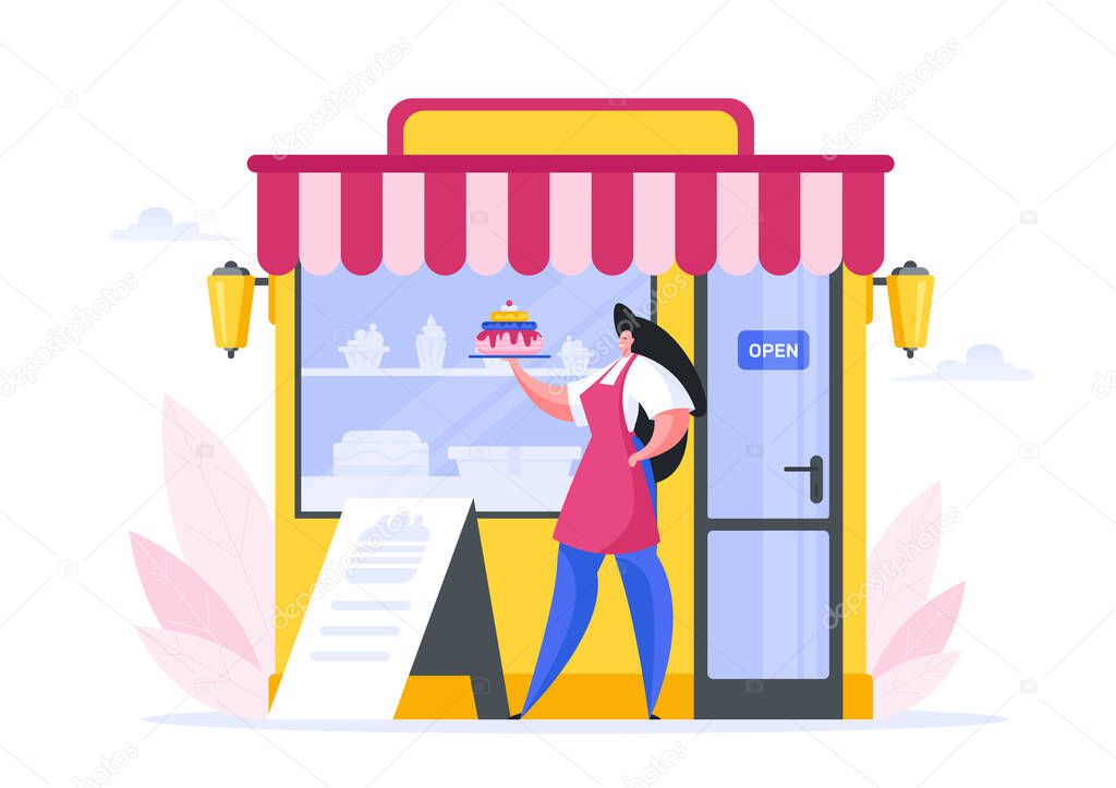 Cartoon woman with cake at entrance of pastry shop