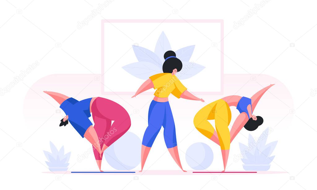 Slim cartoon women doing yoga in class