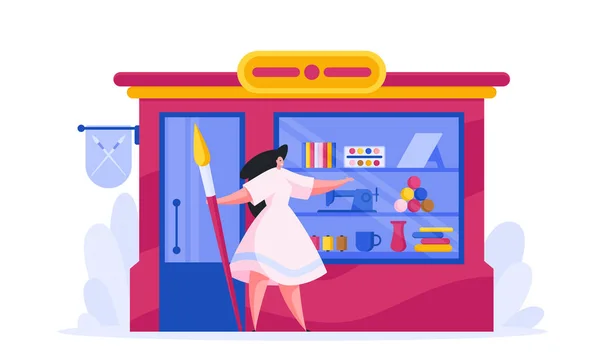 Contenido mujer propietaria de una tienda de arte y artesanía — Vector de stock